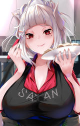 Rule 34 | 1girl, amasora taichi, apron, black apron, blunt bangs, blush, breasts, cleavage, closed mouth, clothes writing, commentary request, demon girl, eating, food, fork, gokkun, helltaker, holding, holding fork, holding plate, horns, large breasts, long hair, looking at viewer, lucifer (helltaker), mole, mole under eye, pancake, plate, ponytail, red eyes, red shirt, saliva, saliva trail, shirt, smile, solo, upper body, white hair