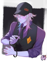 Rule 34 | 1boy, absurdres, alternate costume, black necktie, blue eyes, blue hair, blush, closed mouth, collared shirt, commentary, cuffs, futo (tofuutoufofuto), gavis bettel, grey hair, hair between eyes, handcuffs, hat, heterochromia, highres, holostars, holostars english, looking to the side, makeup, male focus, multicolored hair, necktie, pink eyes, pink hair, purple shirt, shirt, short hair, solo, upper body, virtual youtuber