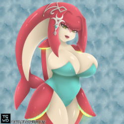 Rule 34 | 1girl, 2020, alternate breast size, breasts, cleavage, colored skin, cowboy shot, curvy, eyelashes, female focus, fins, fish girl, huge breasts, hyrule warriors, hyrule warriors: age of calamity, jewelry, large breasts, lips, looking at viewer, mature female, mipha, nintendo, one-piece swimsuit, patterned background, princess, red lips, red skin, simple background, skindentation, solo, standing, swimsuit, that-girl-whodraws, the legend of zelda, the legend of zelda: breath of the wild, thick lips, white skin, wide hips, yellow eyes, zora