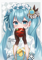 Rule 34 | 1girl, absurdres, apple, apple hair ornament, black gloves, blue bow, blue eyes, blue hair, blush, bonnet, border, bow, checkered background, covering own mouth, dot nose, earrings, egasumi, flower earrings, food, food-themed hair ornament, fruit, gloves, hair behind ear, hair between eyes, hair bow, hair ornament, hatsune miku, highres, holding, holding food, holding fruit, japanese clothes, jewelry, kimono, lace, lace-trimmed gloves, lace trim, long hair, looking at viewer, noneon319, obi, own hands together, print kimono, raised eyebrows, red apple, sash, sidelocks, solo, striped, striped bow, twintails, upper body, uroko (pattern), vocaloid, white border, white headwear, white kimono