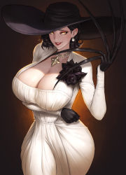 Rule 34 | 1girl, alcina dimitrescu, arm under breasts, bad id, bad pixiv id, black flower, black gloves, black hair, black headwear, black rose, breasts, capcom, claws, cowboy shot, dress, earrings, evil grin, evil smile, flower, gloves, grin, hand up, highres, jewelry, makeup, necklace, nuker (nukerdraws), parted lips, raised eyebrow, red lips, resident evil, resident evil village, rose, smile, solo, white dress, wide hips, yellow eyes