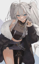 Rule 34 | 1girl, ahoge, animal ears, bare shoulders, black jacket, black nails, black pantyhose, black shirt, claw pose, cleavage, commentary request, cowboy shot, crop top, fur-trimmed jacket, fur trim, gotou (nekocat), grey eyes, grey skirt, grin, hand up, highres, hololive, jacket, jewelry, lion ears, long hair, looking at viewer, midriff, miniskirt, nail polish, navel, necklace, o-ring, off shoulder, pantyhose, see-through, see-through cleavage, shirt, shishiro botan, shishiro botan (1st costume), silver hair, single leg pantyhose, skirt, smile, solo, standing, thighs, two side up, virtual youtuber