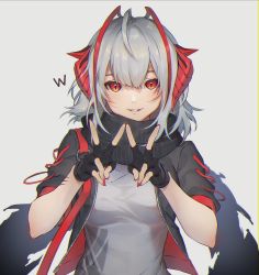 Rule 34 | 1girl, antenna hair, arknights, black gloves, black jacket, black scarf, character name, commentary request, demon horns, fingerless gloves, gloves, grey background, grey hair, grey shirt, hair between eyes, highres, horns, jacket, looking at viewer, nail polish, open clothes, open jacket, red eyes, red nails, scar, scarf, shirt, short hair, simple background, slit pupils, solo, suyama kara, w, w (arknights)
