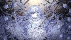 Rule 34 | 1girl, blue dress, chocolate4170615, clock, closed mouth, dress, flower, frills, grey eyes, grey hair, grey rose, grey theme, highres, long hair, long sleeves, looking at viewer, original, roman numeral, rose, solo, thorns, white headdress