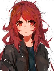 Rule 34 | 1girl, :o, black jacket, blue shirt, blush, chestnut mouth, eyebrows, eyelashes, jacket, long hair, looking at viewer, maido mido, open clothes, open jacket, original, parted lips, red eyes, red hair, shiratan, shirt, simple background, solo, t-shirt, teeth, upper body, white background
