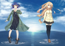Rule 34 | 2girls, bandages, blackegg, blonde hair, blue eyes, blue hair, boots, cloud, collarbone, day, dress, hand on own chest, loafers, long coat, long hair, multiple girls, perfect day (supercell), pigeon-toed, scarf, shoes, short hair, skirt, sky, smile, standing, standing on liquid, sun, supercell (band), thighhighs, zettai ryouiki