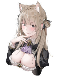 Rule 34 | 1girl, animal ear fluff, animal ears, black eyes, black ribbon, blonde hair, blush, breast cutout, breasts, cat ears, cleavage, hair in own mouth, hair ribbon, hand on own chin, highres, long hair, looking at viewer, mole, mole on breast, original, portrait, ribbon, solo, white background, xretakex