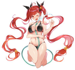 Rule 34 | 1girl, absurdly long hair, alternate costume, azur lane, bikini, black bikini, black ribbon, blush, breasts, cleavage, collarbone, fumikiri, gradient hair, groin, hair ornament, hair ribbon, honolulu (azur lane), honolulu (summer accident?!) (azur lane), hose, hose between breasts, kneeling, large breasts, long hair, looking at viewer, multicolored hair, navel, one eye closed, open mouth, orange hair, red eyes, red hair, ribbon, sidelocks, simple background, skindentation, solo, star (symbol), star hair ornament, stomach, swimsuit, twintails, very long hair, water, white background