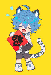 Rule 34 | 1boy, ahoge, animal ears, animal hands, black shirt, black shorts, blue hair, blush, chinese commentary, chinese text, collared shirt, commentary request, earrings, facing viewer, fang, full body, gloves, hair between eyes, happy, highres, holding, holding sign, jewelry, layered sleeves, long sleeves, male focus, open mouth, original, paw gloves, paw shoes, shirt, short hair, short over long sleeves, short sleeves, shorts, sign, simple background, skin fang, smile, solo, standing, tail, tiger tail, translation request, white gloves, white shirt, white tiger print, yellow background, yusa (yusa0751)