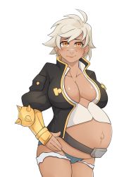 Rule 34 | 1girl, belly, big belly, blazblue, breasts, bullet (blazblue), cleavage, dark-skinned female, dark skin, large breasts, looking at viewer, micro shorts, navel, no bra, orange eyes, outie navel, pregnant, shorts, solo, tagme, traveler san, white background, white hair
