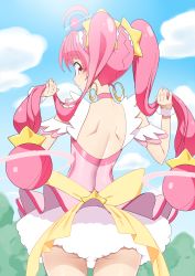 Rule 34 | 1girl, ahoge, backless outfit, blue sky, choker, closed mouth, cloud, cure star, day, earrings, from behind, highres, hoshina hikaru, jewelry, long hair, looking at viewer, looking back, magical girl, outdoors, pink choker, pink eyes, pink hair, precure, sky, solo, standing, star twinkle precure, twintails, yuto (dialique)