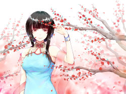 Rule 34 | 1girl, alternate costume, bare shoulders, black hair, blunt bangs, china dress, chinese clothes, dress, flower, highres, looking at viewer, nail polish, red eyes, red flower, red nails, short hair, sidelocks, smile, solo, tree, upper body, warship girls r, xiao shei.., yat sen (warship girls r)