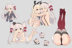 Rule 34 | 2girls, absurdres, amatsukaze (kancolle), angao, ass, black panties, blonde hair, breasts, full body, grey background, grey hair, highres, kantai collection, kneehighs, looking at viewer, lying, meme, multiple girls, multiple views, off shoulder, official alternate costume, on back, on stomach, orange eyes, panties, shimakaze (kancolle), simple background, small breasts, socks, striped clothes, striped socks, two side up, underboob, underwear, upper body, yellow eyes, yuri