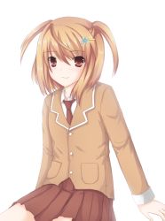 Rule 34 | 1girl, bad id, bad pixiv id, blazer, brown eyes, brown hair, brown jacket, buttons, flat chest, hair between eyes, hair ornament, hairclip, jacket, light brown hair, long sleeves, looking at viewer, mizunashi kenichi, necktie, original, pleated skirt, pocket, red necktie, red skirt, short hair, simple background, skirt, smile, solo, two side up, white background