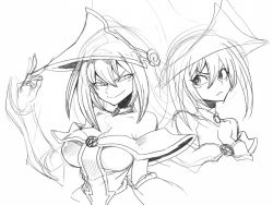 Rule 34 | 2girls, back-to-back, bare shoulders, breasts, choker, cleavage, dark magician girl, detached sleeves, dual persona, duel monster, greyscale, hat, large breasts, long hair, medium breasts, monochrome, multiple girls, sketch, spacezin, wizard hat, yu-gi-oh!, yu-gi-oh! duel monsters