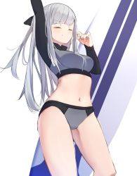 Rule 34 | 1girl, absurdres, ak-12 (age of slushies) (girls&#039; frontline), ak-12 (girls&#039; frontline), arm up, bow, closed eyes, commentary request, cowboy shot, girls&#039; frontline, hair bow, highres, long hair, long sleeves, midriff, navel, official alternate costume, oyatsutime, silver hair, simple background, smile, solo, surfboard, swimsuit, thighs, two-tone swimsuit, white background