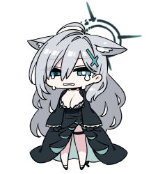 Rule 34 | 1girl, animal ear fluff, animal ears, black dress, black footwear, black gloves, blue archive, breasts, chan co, chibi, cleavage, commentary, cross hair ornament, crying, dress, full body, gloves, grey hair, hair between eyes, hair ornament, halo, large breasts, long hair, long sleeves, mismatched pupils, shiroko (blue archive), shiroko terror (blue archive), simple background, solo, symbol-only commentary, tears, thigh strap, very long hair, white background