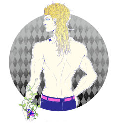 Rule 34 | 1boy, argyle, argyle background, argyle clothes, back, birthmark, blonde hair, blue eyes, bug, from behind, giorno giovanna, hand on own hip, holding, insect, joestar birthmark, jojo no kimyou na bouken, ladybug, looking to the side, male focus, muscular, ou (804958937), plant, solo, topless male, vento aureo, vines