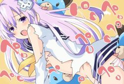 Rule 34 | 1girl, blush, breasts, butt crack, commentary, commentary request, d-pad, d-pad hair ornament, dogoo, dress, from behind, hair ornament, iwashi dorobou -r-, licking, long hair, looking at viewer, looking back, nepgear, neptune (series), open mouth, panties, purple eyes, purple hair, sideboob, solo, torn clothes, torn dress, torn panties, underwear