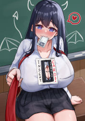 Rule 34 | 1girl, absurdres, arrow (symbol), black hair, blue eyes, blush, body writing, breasts, button, button gap, chalkboard, cleavage, fang, glasses, heart, highres, huge breasts, id card, iro (boo iro), long hair, necktie, paizuri invitation, pocket, pulling at clothes, shirt, shirt pocket, skirt, spoken heart, tooth