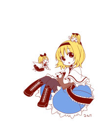 Rule 34 | 1girl, alice margatroid, blonde hair, bow, capelet, cross-laced footwear, doll, closed eyes, female focus, hair bow, hairband, horo (hiyorimiism), lance, long hair, open mouth, pantyhose, polearm, shanghai doll, short hair, short sleeves, sleeping, solo, touhou, weapon, white background