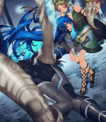 Rule 34 | 1girl, 2boys, ass, ass grab, bent over, blue bodysuit, blue hair, blurry, blurry background, blurry foreground, blush, bodysuit, brother and sister, bulge, character request, commentary request, demeter (megami tensei), depth of field, dress, dutch angle, emuume111, eyelashes, feet out of frame, full body, green dress, grey bodysuit, holding, legs, long hair, looking back, male focus, multiple boys, out of frame, pink eyes, protagonist (smtv), shadow, shin megami tensei, shin megami tensei v, siblings, sidelocks, standing, trap, twitter username, yaoi, yellow eyes, zeus (megami tensei)