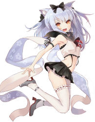 Rule 34 | 1girl, animal ears, arm ribbon, azur lane, bare arms, black bow, black footwear, black ribbon, black skirt, bow, cat ears, crop top, fang, floral print, full body, hair bow, high heels, long hair, looking at viewer, miniskirt, misago (525), open mouth, orange eyes, outstretched arm, ribbon, ribbon-trimmed legwear, ribbon trim, sailor collar, shawl, shoes, silver hair, simple background, skirt, slit pupils, smile, solo, suspenders, thighhighs, white background, white thighhighs, yukikaze (azur lane)