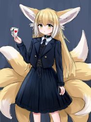 Rule 34 | 1girl, :o, absurdres, ace (playing card), ace of clubs, ace of hearts, ace of spades, animal ears, arknights, black jacket, black necktie, black skirt, black vest, blonde hair, blush, card, club (shape), collared shirt, commentary, english commentary, fox ears, fox girl, fox tail, green eyes, grey background, hair between eyes, heart, highres, holding, holding card, jacket, kitsune, kyuubi, long hair, long sleeves, looking at viewer, multicolored hair, multiple tails, necktie, open clothes, open jacket, parted lips, playing card, rylaera, shirt, skirt, solo, spade (shape), suzuran (arknights), tail, two-tone hair, very long hair, vest, white hair, white shirt