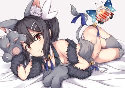 Rule 34 | 1girl, animal ear fluff, animal ears, animal hands, arata (xin), bare shoulders, bell, black hair, blue neckwear, blue ribbon, blush, breasts, brown eyes, cat ears, cat paws, cat tail, collarbone, fate/grand order, fate/kaleid liner prisma illya, fate (series), grey thighhighs, hair between eyes, hair ornament, hairclip, highres, long hair, looking at viewer, lying, miyu edelfelt, navel, no panties, on side, ribbon, sar, small breasts, solo, tail, tail ornament, tail ribbon, thighhighs