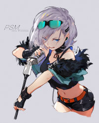 Rule 34 | 1girl, alternate costume, bare shoulders, belt, black gloves, black shorts, blue eyes, breasts, character name, choker, copyright name, cowboy shot, crop top, cropped legs, earphones, eyes visible through hair, eyewear on head, feather trim, girls&#039; frontline, gloves, grey background, grey hair, hair ornament, hairclip, medium breasts, microphone, microphone stand, midriff, navel, off shoulder, open mouth, orange belt, partially fingerless gloves, psm (girls&#039; frontline), short hair, short sleeves, shorts, simple background, sketch, sola7764, solo, teeth, zipper