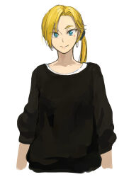 Rule 34 | 1girl, alternate costume, aqua eyes, b suke, black sweater, blonde hair, calamity jane (fate), closed mouth, earrings, fate/grand order, fate (series), highres, jewelry, long sleeves, looking at viewer, one side up, simple background, smile, solo, star (symbol), sweater, upper body, white background