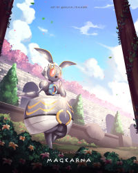 Rule 34 | bright pupils, character name, cloud, commentary, copyright name, creatures (company), day, flower, from below, game freak, gen 7 pokemon, highres, kelvin-trainerk, legendary pokemon, magearna, magearna (normal), mythical pokemon, nintendo, no humans, outdoors, petals, pokemon, pokemon (creature), red eyes, sky, solo, standing, tree, twitter username, wall, white pupils