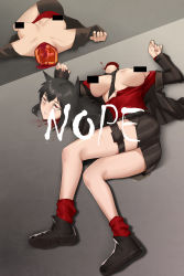 Rule 34 | 1girl, absurdres, animal ears, arknights, artist name, black gloves, black hair, black shorts, blood, breasts, breasts out, censored, censored nipples, corpse, decapitation, fingerless gloves, gloves, guro, highres, nope (1043571931), red shirt, red socks, severed head, shirt, shorts, small breasts, socks, solo, texas (arknights), wolf ears, wolf girl