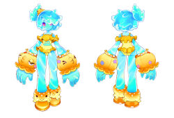 Rule 34 | 1girl, aqua skin, bright pupils, closed mouth, commentary, concept art, davidsyk, english commentary, frilled one-piece swimsuit, frills, from behind, full body, highres, juno (omega strikers), juno (summer splash) (omega strikers), monster girl, multiple views, octopus hair ornament, official art, omega strikers, one-piece swimsuit, pink eyes, print swimsuit, short hair, short ponytail, simple background, slime girl, smile, solo, standing, swimsuit, white background, white pupils, wrist cuffs, yellow footwear, yellow one-piece swimsuit, yellow wrist cuffs