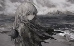 Rule 34 | 1girl, beach, closed mouth, cloud, cloudy sky, from side, grey eyes, grey hair, highres, komeiji koishi, long hair, looking at viewer, looking to the side, mountainous horizon, muted color, outdoors, reverinth, sky, solo, torn clothes, touhou, upper body, water, wind