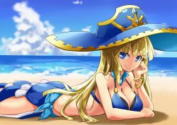 Rule 34 | 1girl, awilda (p&amp;d), beach, bikini, blonde hair, blue bikini, blue eyes, blue sky, bracelet, breasts, cleavage, cloud, day, female focus, gradient background, hand on own cheek, hand on own face, hat, jewelry, large breasts, long hair, memento vivi, mole, mole under eye, ocean, outdoors, puzzle &amp; dragons, sarong, shadow, sky, smile, solo, swimsuit, water