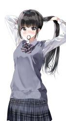 Rule 34 | 1girl, absurdres, black hair, blush, bow, breasts, brown eyes, closed mouth, collared shirt, commentary request, diagonal-striped bow, grey skirt, hair tie, hair tie in mouth, highres, long hair, long sleeves, looking at viewer, mouth hold, nose blush, original, pentagon (railgun ky1206), plaid, plaid skirt, pleated skirt, ponytail, school uniform, shirt, sidelocks, simple background, skirt, small breasts, solo, sweater vest, tying hair, very long hair, white background, white shirt