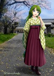 Rule 34 | 1girl, absurdres, ahoge, alternate costume, blue eyes, blue sky, blunt bangs, boots, braid, brown hakama, cherry blossoms, cloud, cross-laced footwear, day, full body, green hair, green kimono, hakama, highres, japanese clothes, kantai collection, kimono, lace-up boots, long hair, looking at viewer, meiji schoolgirl uniform, mole, mole under mouth, open mouth, outdoors, single braid, sky, smile, solo, sorairo haruka, tree, very long hair, yagasuri, yuugumo (kancolle)