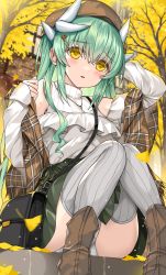 Rule 34 | 1girl, bag, bare shoulders, blush, boots, brown footwear, brown headwear, brown scarf, dragon girl, dragon horns, fate/grand order, fate (series), grey hair, hair ornament, hairclip, handbag, highres, horns, kiyohime (fate), long hair, long sleeves, looking at viewer, morizono shiki, off shoulder, outdoors, panties, pantyshot, parted lips, scarf, sitting, smile, solo, thighhighs, thighs, underwear, white panties, white thighhighs, yellow eyes