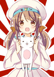 Rule 34 | 10s, 1girl, bad id, bad pixiv id, batsubyou, brown eyes, brown hair, cat, error musume, girl holding a cat (kancolle), hair ribbon, hat, kantai collection, long hair, open mouth, oumi neneha, personification, ribbon, shoshinsha mark, skirt, smile, solo, sunburst, twintails, upper body, whiskers