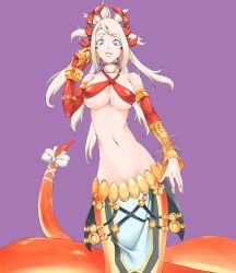 Rule 34 | 1girl, absurdres, armlet, blonde hair, blue eyes, bow, chloe (totoruban), echidna (p&amp;d), headdress, highres, jewelry, lamia, long hair, looking at viewer, looking down, lots of jewelry, monster girl, navel, purple background, puzzle &amp; dragons, simple background, solo, wristlet