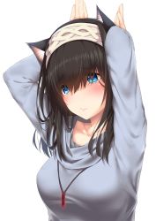 Rule 34 | 10s, 1girl, absurdres, animal ears, arms up, black hair, blue eyes, blush, breasts, cat ears, collarbone, commentary request, eyes visible through hair, go-1, hairband, highres, idolmaster, idolmaster cinderella girls, jewelry, kemonomimi mode, light smile, long hair, medium breasts, necklace, pendant, sagisawa fumika, simple background, solo, sweater, white background
