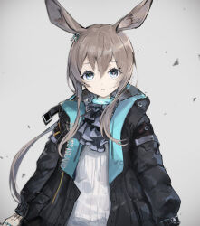Rule 34 | 1girl, amiya (arknights), animal ears, arknights, ascot, black jacket, blue ascot, blue collar, blue eyes, brown hair, collar, commentary request, double-parted bangs, frilled ascot, frills, hair between eyes, highres, hood, hooded jacket, infection monitor (arknights), jacket, jewelry, kinutani yutaka, long hair, long sleeves, looking at viewer, neck ring, open clothes, open mouth, rabbit ears, rabbit girl, rhodes island logo (arknights), shirt, solo, white shirt