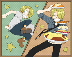 Rule 34 | 1boy, age progression, apron, black pants, blonde hair, chef, child, cigarette, dual persona, food, hair over one eye, male focus, necktie, one piece, pants, pixiv sample, resized, sanji (one piece), smile, smoking, solo, aged down