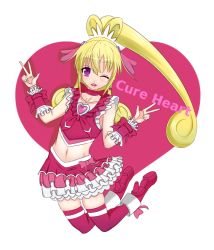 Rule 34 | 1girl, aida mana, bad id, bad pixiv id, blonde hair, brooch, character name, color connection, cosplay, cure heart, cure melody, cure melody (cosplay), curly hair, dokidoki! precure, double v, earrings, half updo, heart, heart brooch, jewelry, long hair, magical girl, midriff, nmaoh, pink eyes, pink theme, pink thighhighs, ponytail, precure, ribbon, skirt, smile, solo, suite precure, thighhighs, transparent background, v