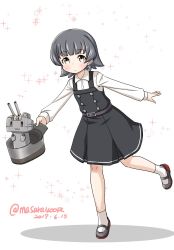 Rule 34 | 1girl, 1other, arare (kancolle), black hair, brown eyes, commentary request, dated, dress, full body, hat, unworn hat, unworn headwear, kantai collection, long sleeves, looking at viewer, masara (chuujou), one-hour drawing challenge, pinafore dress, rensouhou-chan, shirt, short hair, simple background, sleeveless, sleeveless dress, solo, sparkle, twitter username, white background, white legwear, white shirt