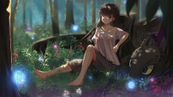 Rule 34 | 1girl, absurdres, barefoot, blouse, collarbone, dragon, forest, glowing, grass, highres, how to train your dragon, huge filesize, long hair, looking at viewer, nature, original, red eyes, septet (zrca janne), shirt, shorts, sitting, toothless, white shirt