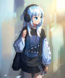 Rule 34 | 1girl, alternate costume, bag, blue eyes, blue hair, clarenceman0605, gawr gura, hair ornament, headphones, highres, hololive, hololive english, long hair, long sleeves, multicolored hair, open mouth, outdoors, skirt, solo, standing, streaked hair, sunlight, virtual youtuber