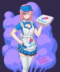 Rule 34 | 1girl, artist name, bad id, bad twitter id, blush, breasts, cleavage, cleavage cutout, closed mouth, clothing cutout, domino&#039;s pizza, hand on own hip, highres, kirby otaku, looking at viewer, medium breasts, one eye closed, original, pink hair, pizza box, short hair, short sleeves, smile, solo, thighhighs, white thighhighs