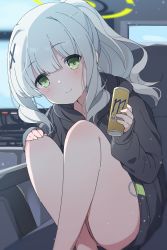 Rule 34 | 1girl, black hoodie, blue archive, blush, can, chair, energy drink, green eyes, grey hair, hair ornament, halo, hare (blue archive), highres, holding, holding can, hood, hood down, hoodie, indoors, long hair, long sleeves, looking at viewer, mochigome (ununquadium), monitor, ponytail, sidelocks, sitting, smile, solo, x hair ornament